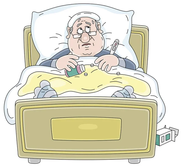温度計で温度を測定し 異なる薬を服用し 隔離された彼のベッドに横たわっ悲しい病気の男 白い背景にベクトル漫画のイラスト — ストックベクタ