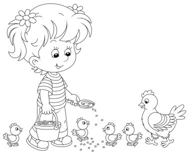 Küçük kız çiftçi elinde bir kova tahılla ayakta duruyor ve neşeli yavruları besliyor ve tavuk çiftliğinde şirin bir tavuk, boyama kitabı sayfası için siyah ve beyaz vektör çizimi