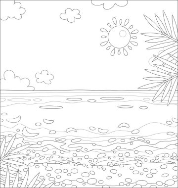 Sıcak ve güneşli bir günde tropik bir denizde, kumlu bir adanın kumlu bir plajının üzerinde palmiye dalları olan yaz manzarası, siyah ve beyaz vektör karikatür çizimi