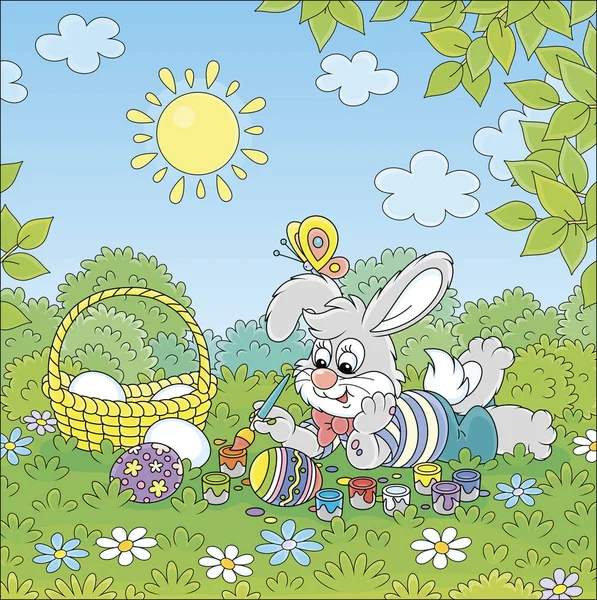 幸せ小さなウサギの絵と飾る明るいとカラフルな絵と晴れた春の日に美しい森の緑の芝生の上で絵筆でイースターの卵 ベクトル漫画のイラスト — ストックベクタ