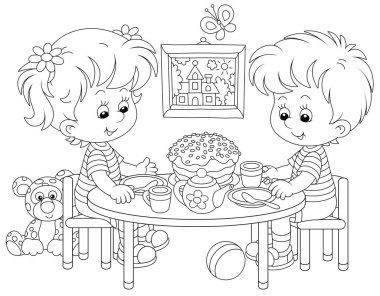 Mutlu ve neşeli küçük çocuklar süslü Paskalya pastası ve çay fincanlarıyla çocuk odasında, boyama kitabı sayfası için siyah ve beyaz vektör çizimleri