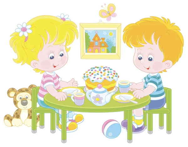 お祝いのテーブルで幸せと陽気な小さな子供たち カラフルな装飾された甘いイースターケーキと保育室でのお茶のカップ 白い背景のベクトル漫画のイラスト — ストックベクタ