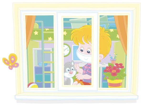 自宅の検疫 保護マスクを身に着けている陽気な男の子 彼の保育室の窓辺でかわいい子猫と遊んで ベクトル漫画のイラスト — ストックベクタ