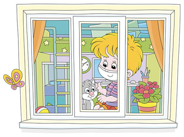 Quarantine at home, a cheerful little boy wearing a protective mask, playing with a cute small kitten on a windowsill in his nursery room, vector cartoon illustration