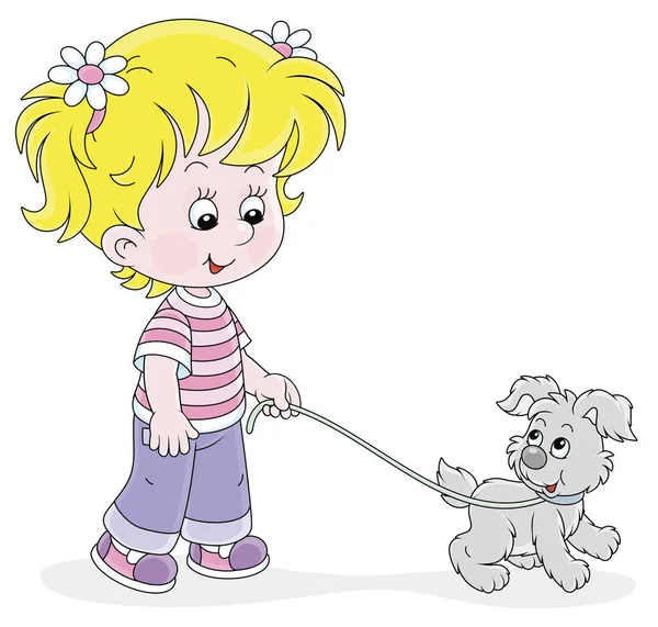 陽気な女の子歩くとともに彼女のメリーグレー子犬 ベクトル漫画イラスト上の白い背景 — ストックベクタ