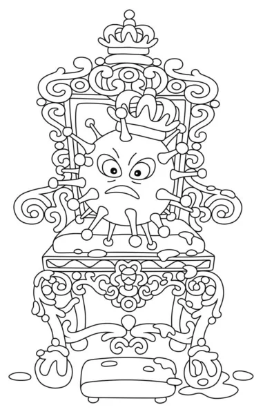 君主の玉座に王冠を持つ悪意のある伝染性のウイルス 白の背景に黒と白のベクトル漫画イラスト — ストックベクタ