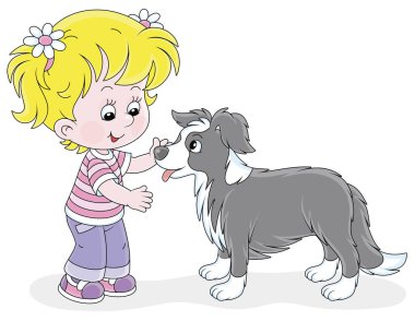 Küçük bir çoban köpeğiyle yürüyen ve oynayan neşeli küçük kız, beyaz bir arka planda vektör karikatür çizimi