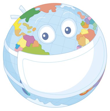 Koruyucu tıbbi bir maskeyle dünya çapında küresel bir virüs salgını, beyaz arka planda vektör karikatür çizimi.