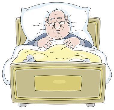 Pijamalı, gözlüklü, sıcak bir battaniyenin altında uyuyan ve horlayan komik şişman adam. Evdeki yumuşak yatağında, beyaz arka planda vektör karikatür çizimi.