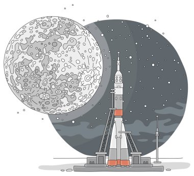Space rocket on a launch pad of a spaceport before start an interplanetary research expedition to the Moon, vector cartoon illustration on a white background clipart