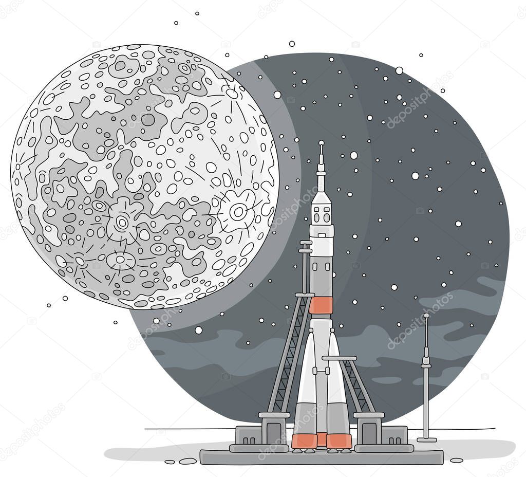 Space rocket on a launch pad of a spaceport before start an interplanetary research expedition to the Moon, vector cartoon illustration on a white background