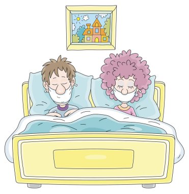 Koruyucu tıp gribi maskeli genç bir çift yataklarında uyuyor evlerinde enfeksiyon karantinasında, beyaz arka planda vektör karikatür çizimleri