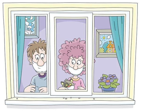 悲伤地结婚的夫妇和他们的猫带着防护性的流感面具 从窗户向外张望 在家中被隔离 白色背景的病媒卡通画 — 图库矢量图片