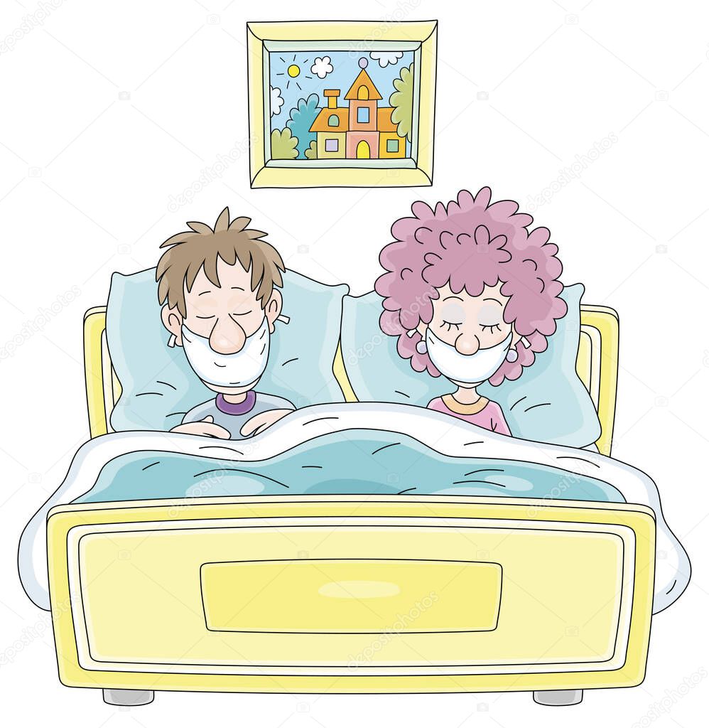 Young married couple in protective medical flu masks sleeping in their bed in infection quarantine at home, vector cartoon illustration on a white background
