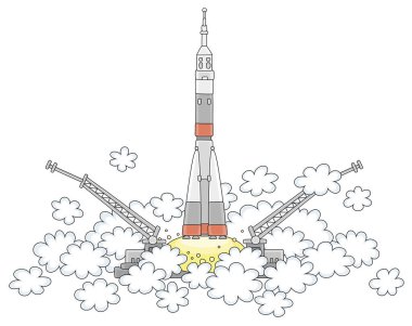 Takeoff, a space rocket on a launch pad of a spaceport, starting into space with a science research expedition on board, vector cartoon illustration on a white background clipart