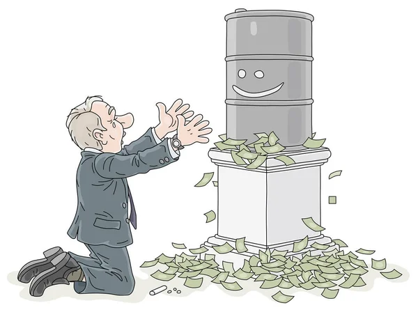 商人们祈祷高油价 跪在一堆钞票中的桶前 白色背景上的矢量卡通画 — 图库矢量图片
