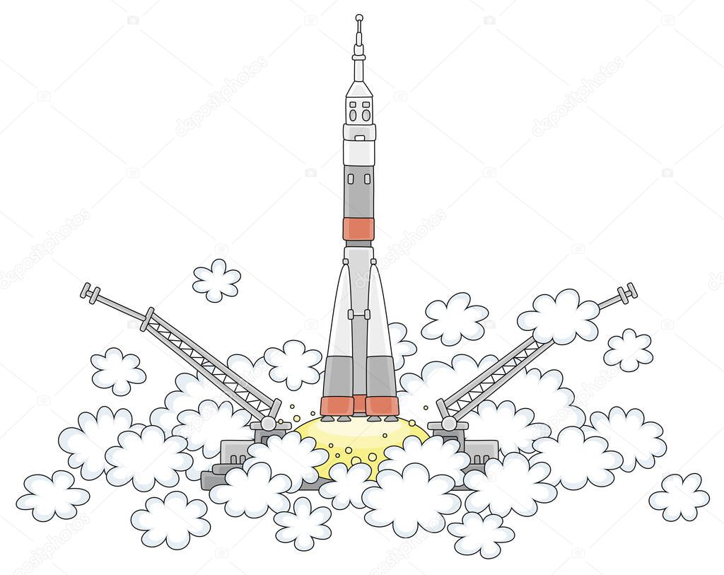 Takeoff, a space rocket on a launch pad of a spaceport, starting into space with a science research expedition on board, vector cartoon illustration on a white background