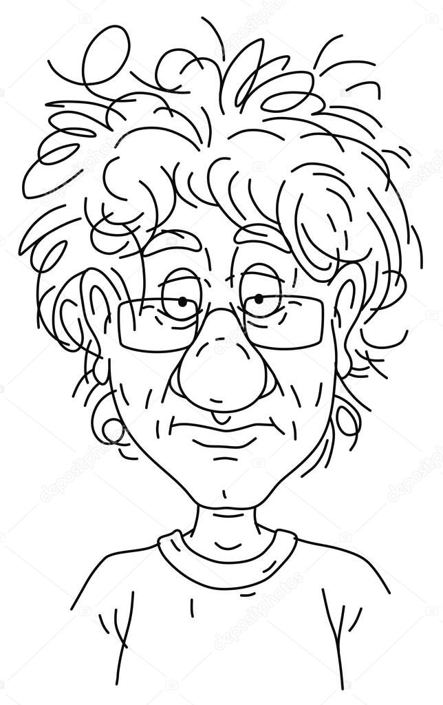 Sad and unkempt man with a boring face in glasses a month later in quarantine at home during virus pandemic, outlined black and white vector cartoon illustration on a white background