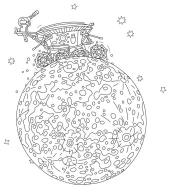 Lunar rover, Moon research vehicle exploring the satellite of the Earth, an interplanetary explorative expedition on a neighboring planet, black and white vector cartoon illustration clipart