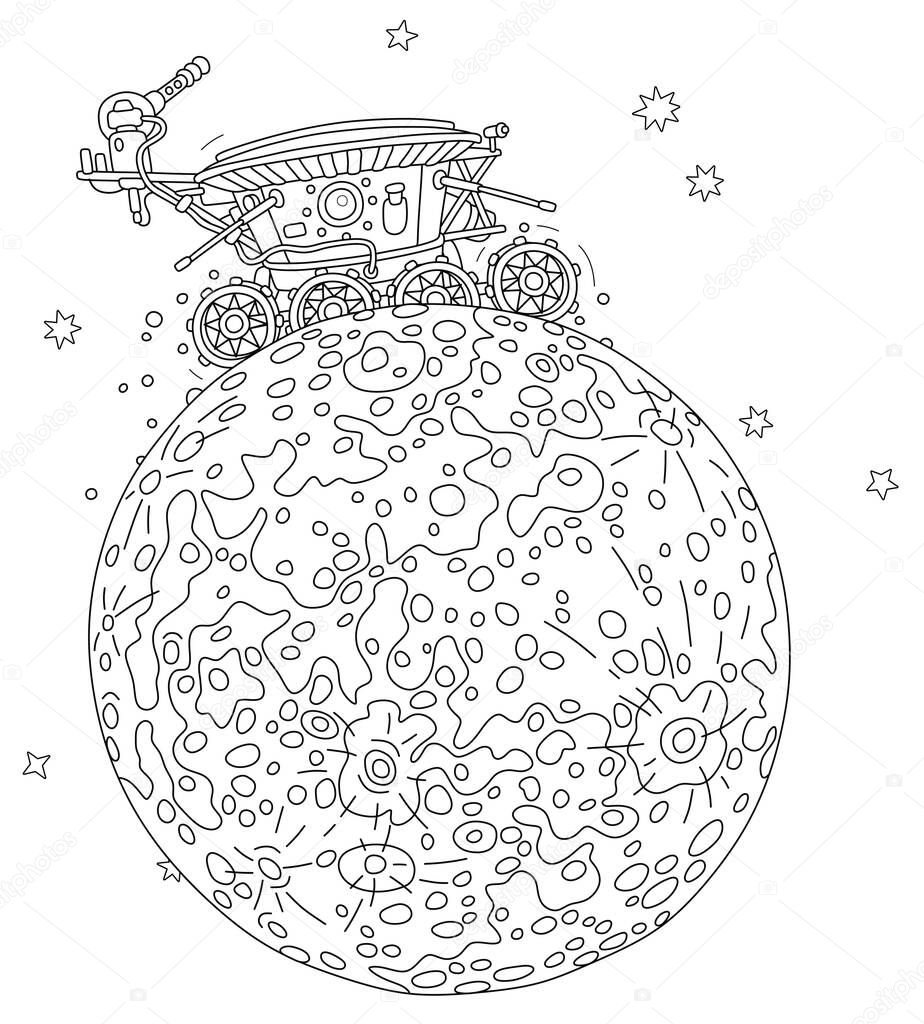 Lunar rover, Moon research vehicle exploring the satellite of the Earth, an interplanetary explorative expedition on a neighboring planet, black and white vector cartoon illustration