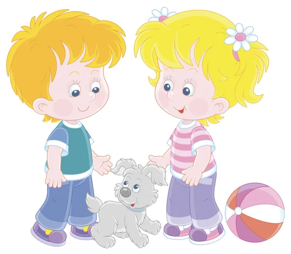 Smiling Little Children Talking Walking Together Cheerful Grey Puppy Vector — Stock Vector