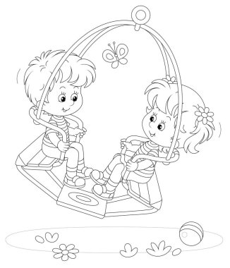 Yazın parkta sallanan neşeli küçük çocuklar, bir boyama kitabı sayfası için siyah-beyaz vektör çizimi