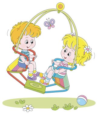 Yazın parkta sallanan neşeli küçük çocuklar, beyaz arka planda vektör karikatür çizimleri.