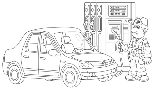Samochód Stacji Benzynowej Pracownikiem Tankowania Trzymającym Dyszę Paliwową Pobliżu Dozownika — Wektor stockowy