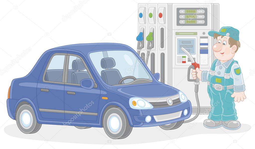 Car at a gas station with a refueling worker holding a fuel nozzle near a dispenser, vector cartoon illustration isolated on a white background