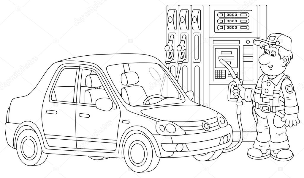 Car at a gas station with a refueling worker holding a fuel nozzle near a dispenser, black and white outline vector cartoon illustration for a coloring book page