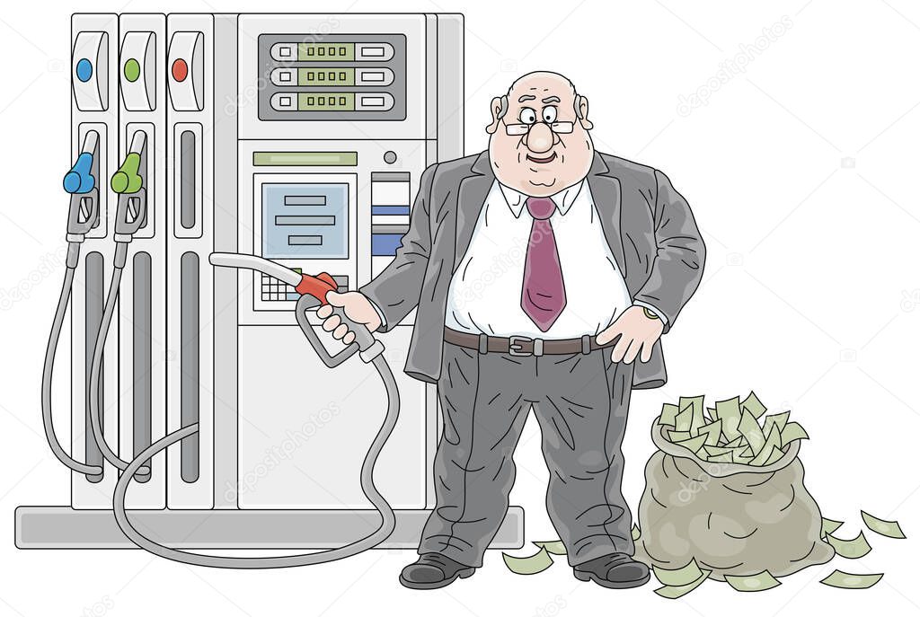 Gas station, a fat greedy businessman with a fuel nozzle and a big bag full of money, vector cartoon illustration isolated on a white background