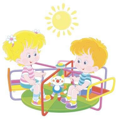 Güneşli bir günde, bir parkta, renkli bir oyuncak üzerinde oynayan ve sallanan neşeli küçük çocuklar. Beyaz bir arka planda vektör karikatür çizimi.