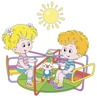 Güneşli bir günde, bir parkta, renkli bir oyuncak üzerinde oynayan ve sallanan neşeli küçük çocuklar. Beyaz bir arka planda vektör karikatür çizimi.