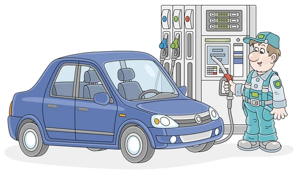 Coche Una Gasolinera Con Trabajador Repostaje Sosteniendo Una Boquilla Combustible — Vector de stock