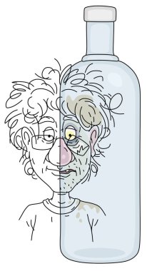 Before and after a fun party, sober and drunk, a slightly smiling normal face and a sad, unkempt and battered face with bruise of a toper on the background of a empty bottle, vector cartoon illustration clipart