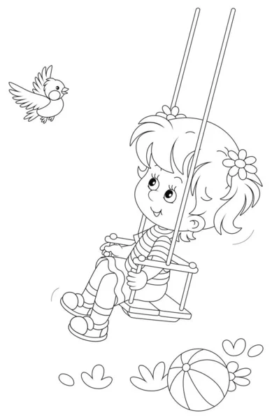 Cheerful Small Girl Swinging Playing Funny Birdie Summer Playground Park — Stock Vector