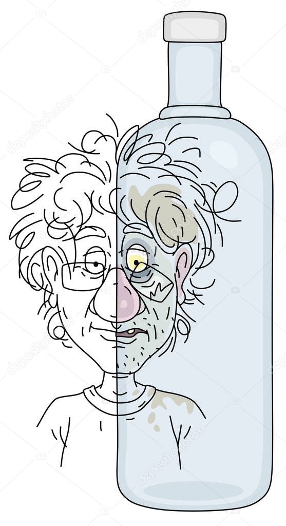 Before and after a fun party, sober and drunk, a slightly smiling normal face and a sad, unkempt and battered face with bruise of a toper on the background of a empty bottle, vector cartoon illustration