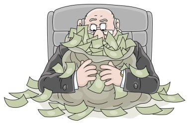 Ofis masasında oturan, içi para dolu koca bir çantaya sarılan, beyaz bir arka planda vektör karikatürü çizen, neşeli, şişman, yozlaşmış bir memur.
