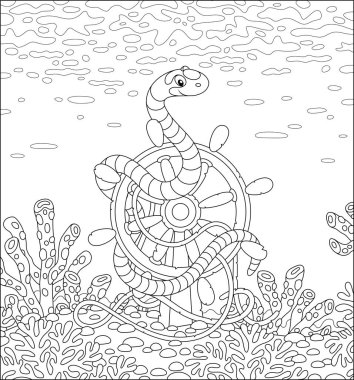 Çizgili zehirli yılan, eski bir gemi miğferinin etrafında dönerek mercanların arasında bir resifin dibinde, bir boyama kitabı sayfası için siyah ve beyaz vektör çizimi.