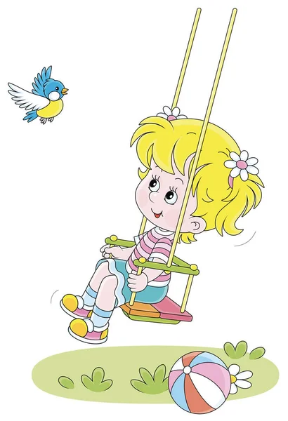 Niña Alegre Balanceándose Jugando Con Pajarito Alegre Patio Verano Parque — Vector de stock