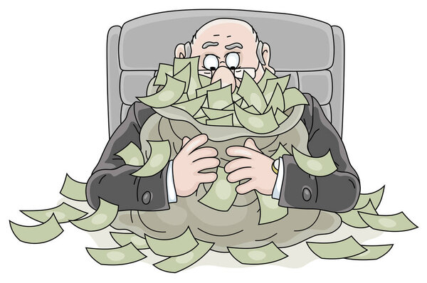 Joyful fat corrupt official sitting at his office desk and hugging a big bag full of money, vector cartoon illustration on a white background