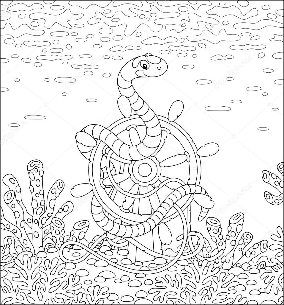 Striped poisonous snake twisted around an old ship helm among corals on a bottom of a reef in a tropical sea, black and white vector cartoon illustration for a coloring book page