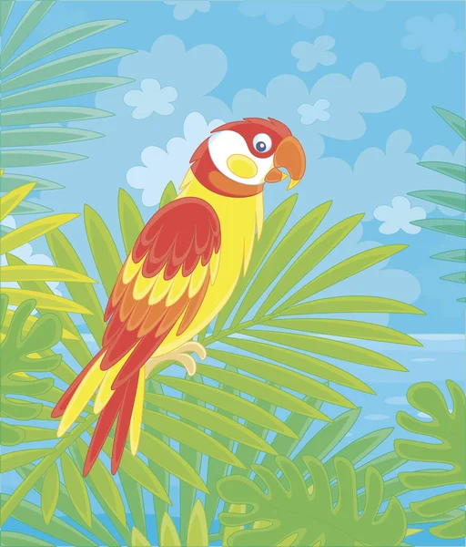 Zábavný Barevný Papoušek Dlouhoocasý Pestrobarevným Peřím Usazený Zelené Větvi Palmy — Stockový vektor