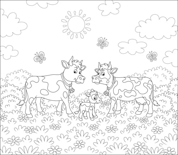 Spotted Cow Bull Small Calf Walking Lush Grass Flowers Flittering — Stock Vector