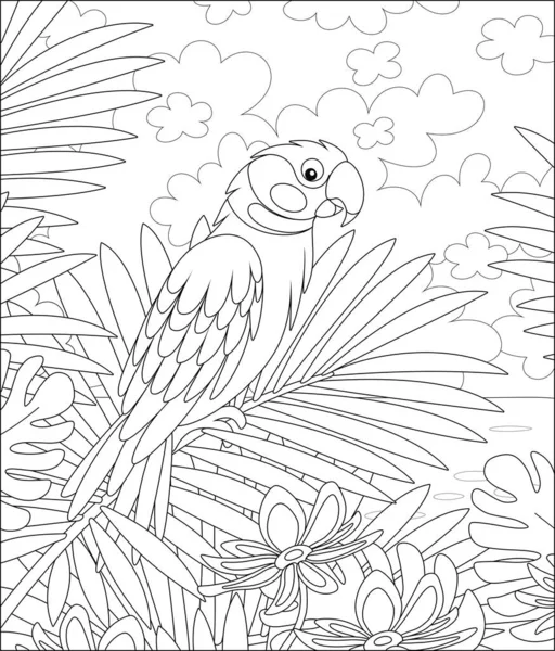 Забавный Попугай Длиннохвостый Сидящий Пальмовой Ветке Тропических Джунглях Дикие Пейзажи — стоковый вектор