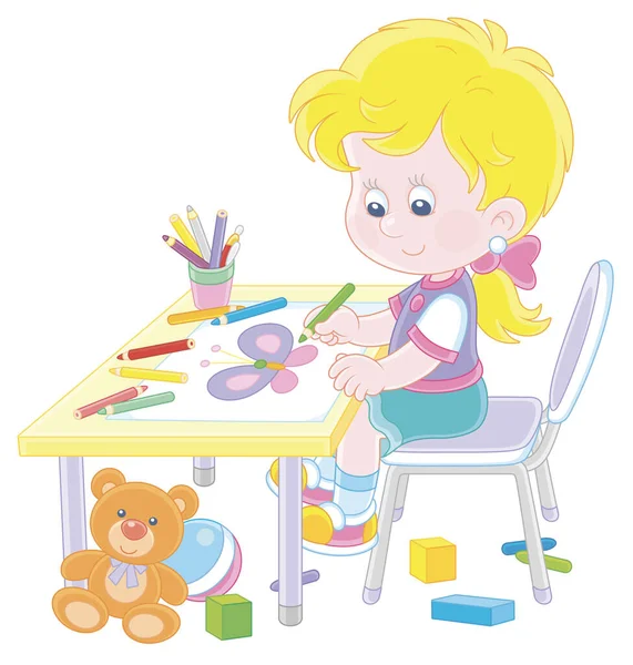 Petite Fille Souriante Assise Table Parmi Des Jouets Dessinant Avec — Image vectorielle