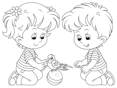 Komik, küçük bir papağanla oynayan neşeli küçük çocuklar uzun kuyruklu, siyah-beyaz çizgili vektör çizgi film çizimi boyama kitabı sayfası için