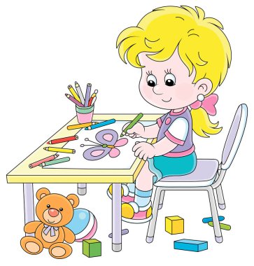 Oyuncak masasında oturan ve renkli kalemlerle çizen gülümseyen küçük kız beyaz bir arka planda küçük güzel bir kelebeğin komik bir resmi, vektör karikatür çizimi.