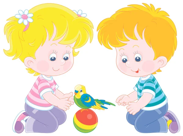 陽気な小さな子供たちと遊んで面白い小さなオウムとともにカラフルな羽毛と長い尾 白い背景のベクトル漫画のイラスト — ストックベクタ