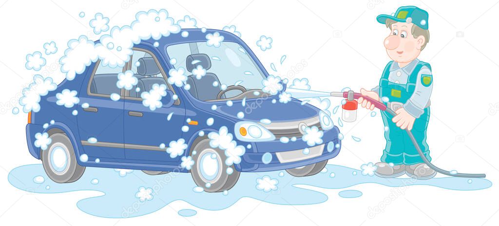 Car wash, a funny worker in uniform washing an automobile with auto shampoo and pressured water on a service station, vector cartoon illustration on a white background